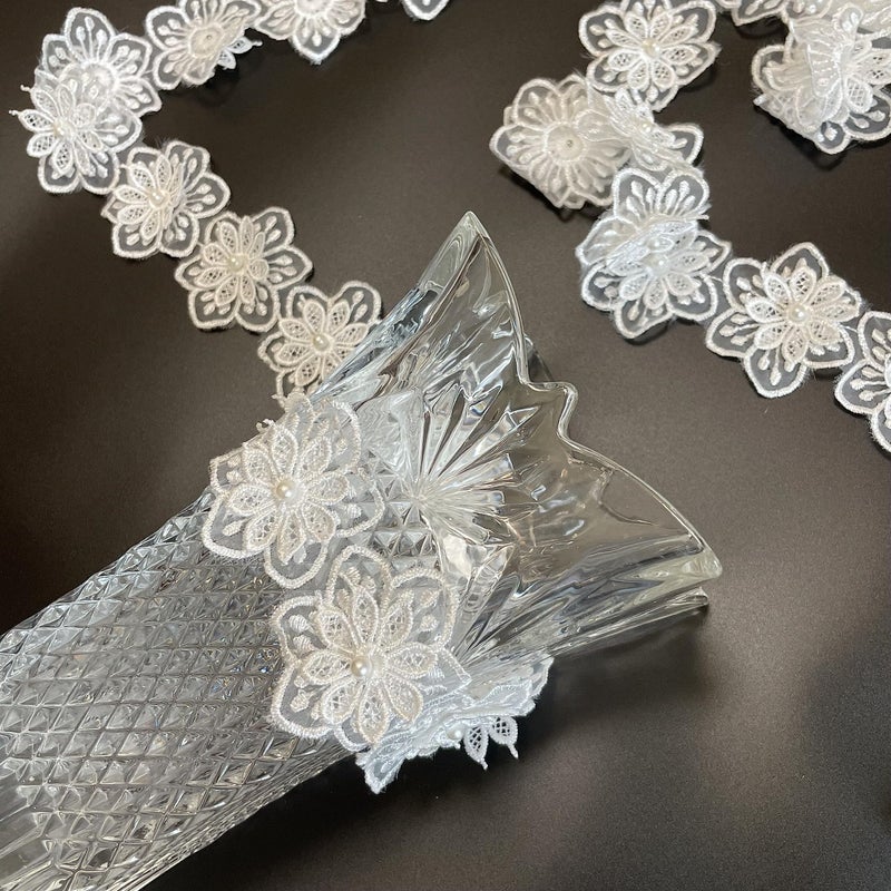 Buysk 3 Yards Flower Lace Trim Pearl Beads Floral Embroidered Lace Trim Fabric Floral Appliques Lace Ribbon Handmade DIY Sewing Supplies Craft for Costume Hat Decoration (Blossom) - Image 4